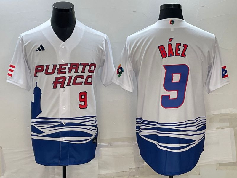 Men 2023 World Cub #9 Baez White MLB Jersey5